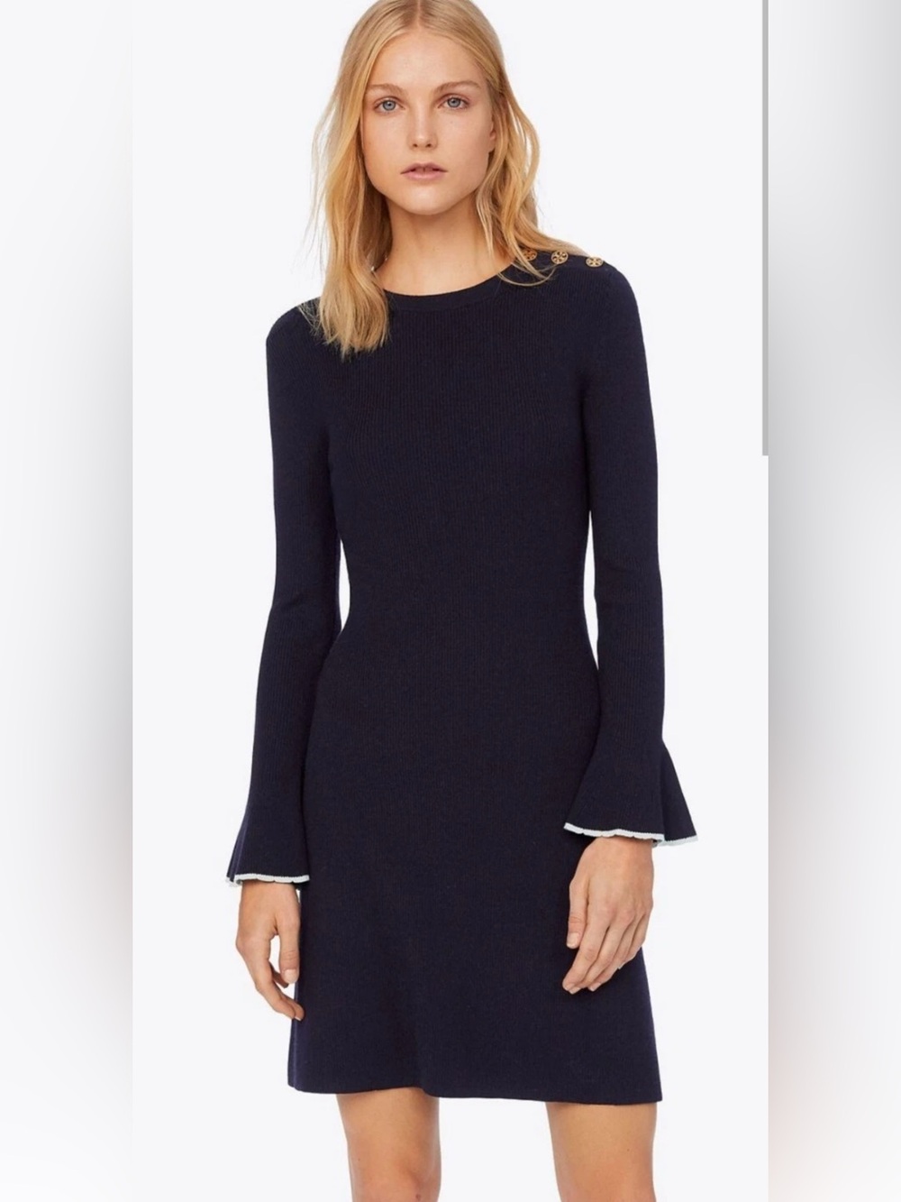 NWT Tory Burch | Navy Long-Sleeve Bell Knit Dress with Shoulder Buttons - Picture 11 of 11